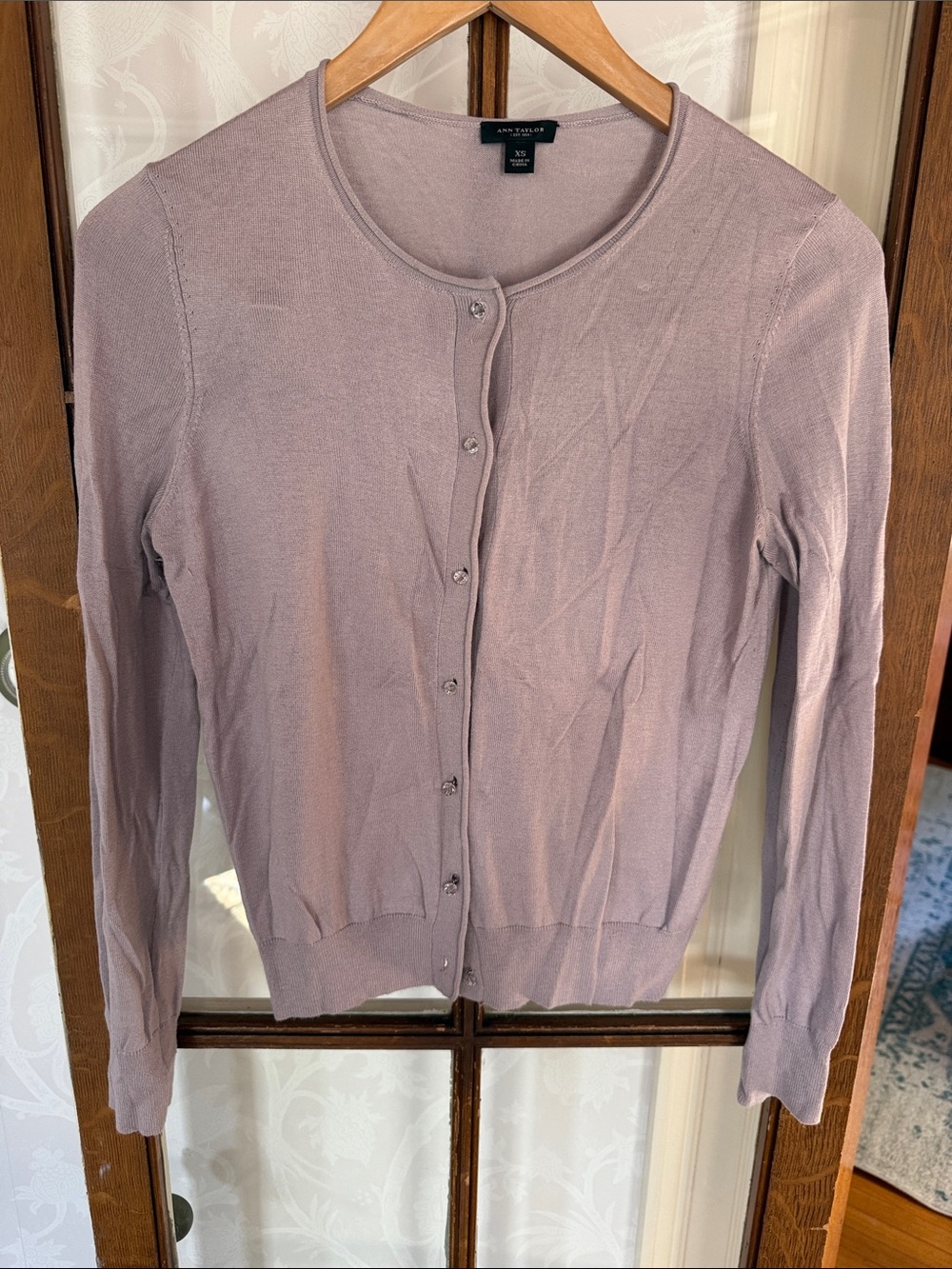 Ann Taylor Dusty Lavender Button-Front Crewneck Cardigan